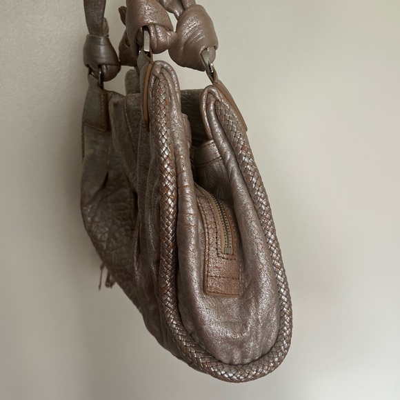 Cole Haan Metallic Beige Leather Pleated Hobo Purse Tassel - Picture 15 of 16